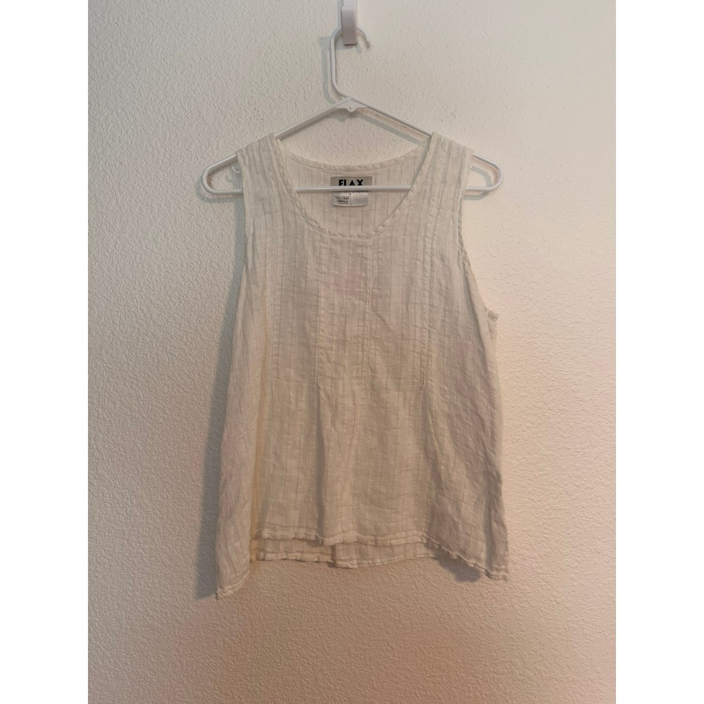 FLAX Womens White 100% Linen Sleeveless Tank Top Scoop Neck Textured Small